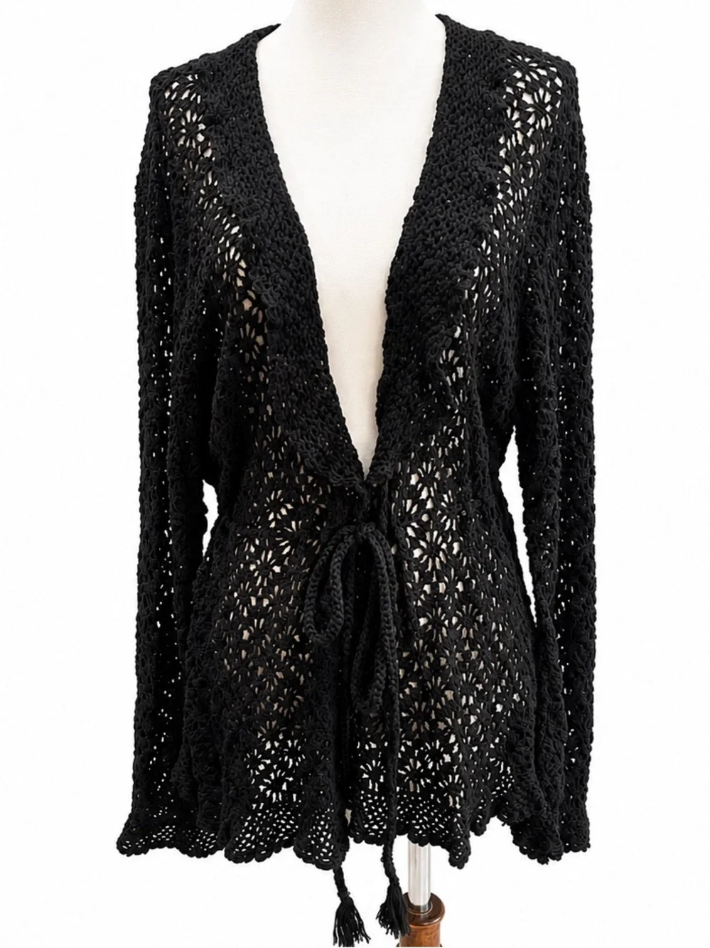Oscar by Oscar De La Renta Black Crochet Tie-Front Sweater Cardigan L